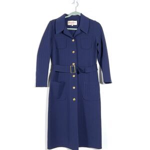 Vtg Hollywood Knitwear 100% Wool Belted Dress Womens Sz 10 Blue 3/4 Sleeve